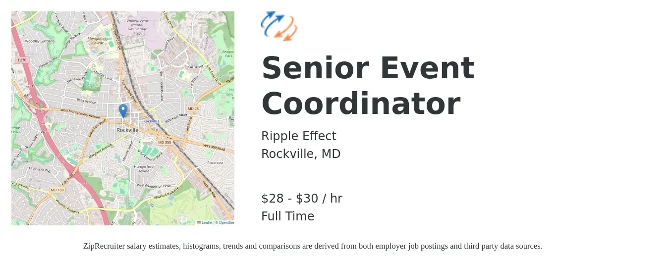 Ripple Effect job posting for a Senior Event Coordinator in Rockville, MD with a salary of $29 to $32 Hourly with a map of Rockville location.