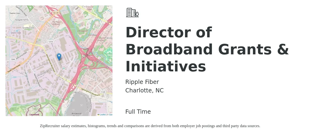 Ripple Fiber job posting for a Director of Broadband Grants & Initiatives in Charlotte, NC with a salary of $64,900 to $102,300 Yearly with a map of Charlotte location.