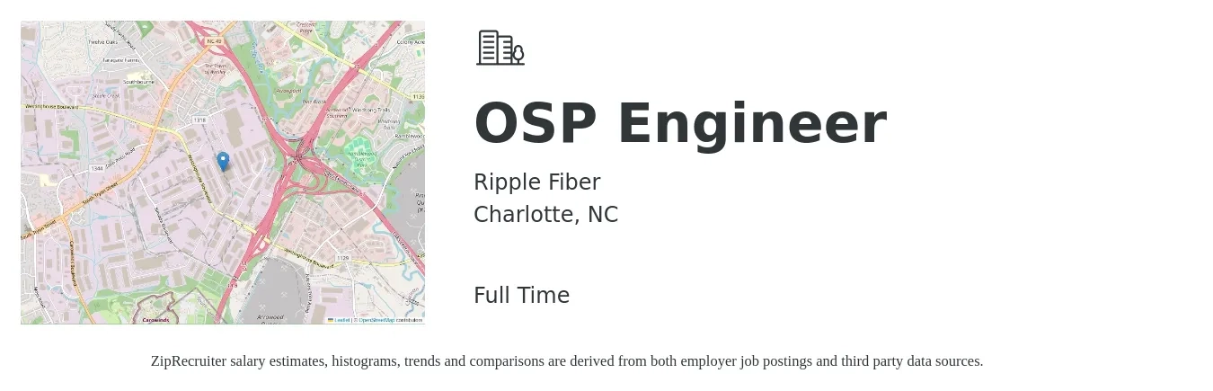 Ripple Fiber job posting for a OSP Engineer in Charlotte, NC with a salary of $70,000 to $80,000 Yearly with a map of Charlotte location.