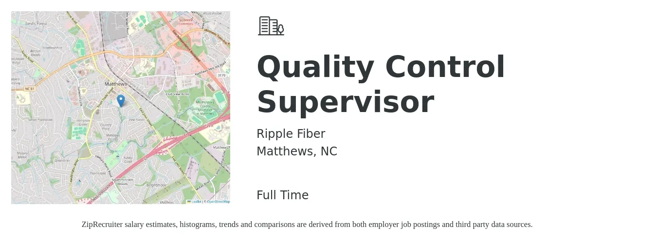 Ripple Fiber job posting for a Quality Control Supervisor in Matthews, NC with a salary of $50,000 to $60,000 Yearly with a map of Matthews location.