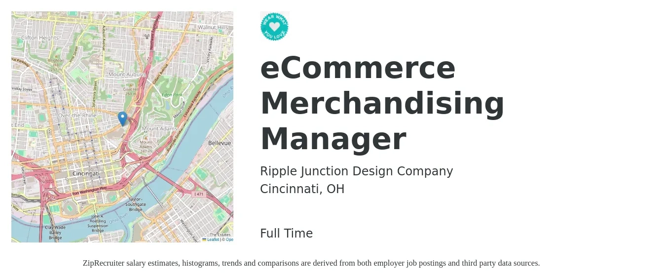 Ripple Junction Design Company job posting for a eCommerce Merchandising Manager in Cincinnati, OH with a salary of $48,000 to $89,700 Yearly with a map of Cincinnati location.