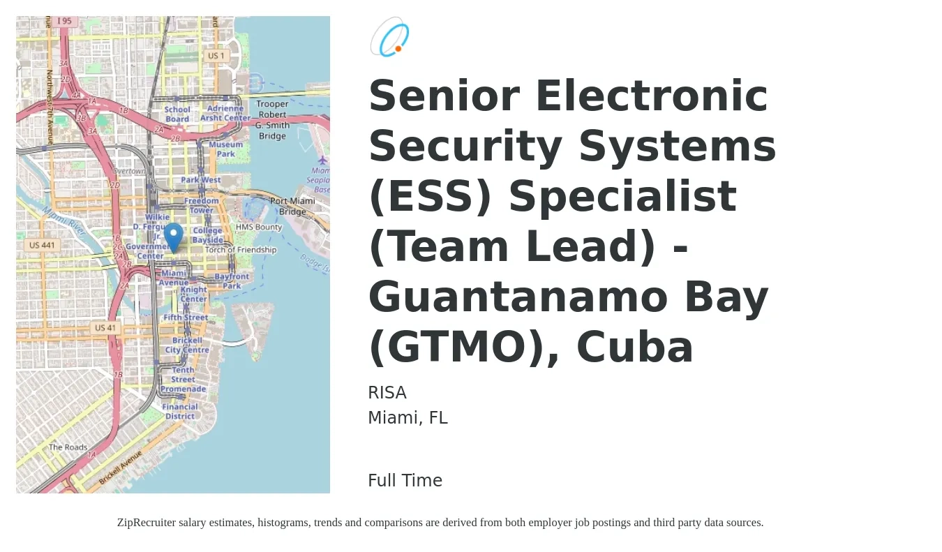 RISA job posting for a Senior Electronic Security Systems (ESS) Specialist (Team Lead) - Guantanamo Bay (GTMO), Cuba in Miami, FL with a salary of $57,400 to $105,200 Yearly with a map of Miami location.