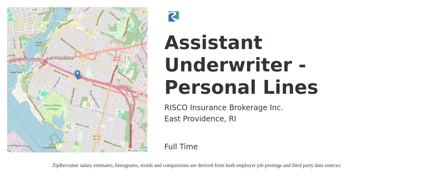 RISCO Insurance Brokerage Inc. job posting for a Assistant Underwriter - Personal Lines in East Providence, RI with a salary of $48,900 to $68,000 Yearly with a map of East Providence location.
