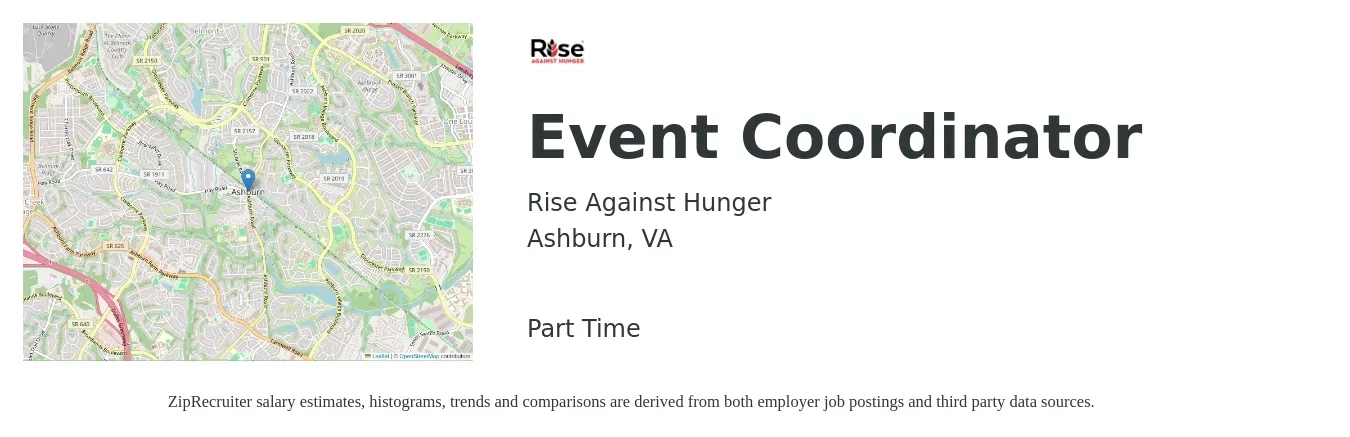 Rise Against Hunger job posting for a Event Coordinator in Ashburn, VA with a salary of $25 Hourly with a map of Ashburn location.