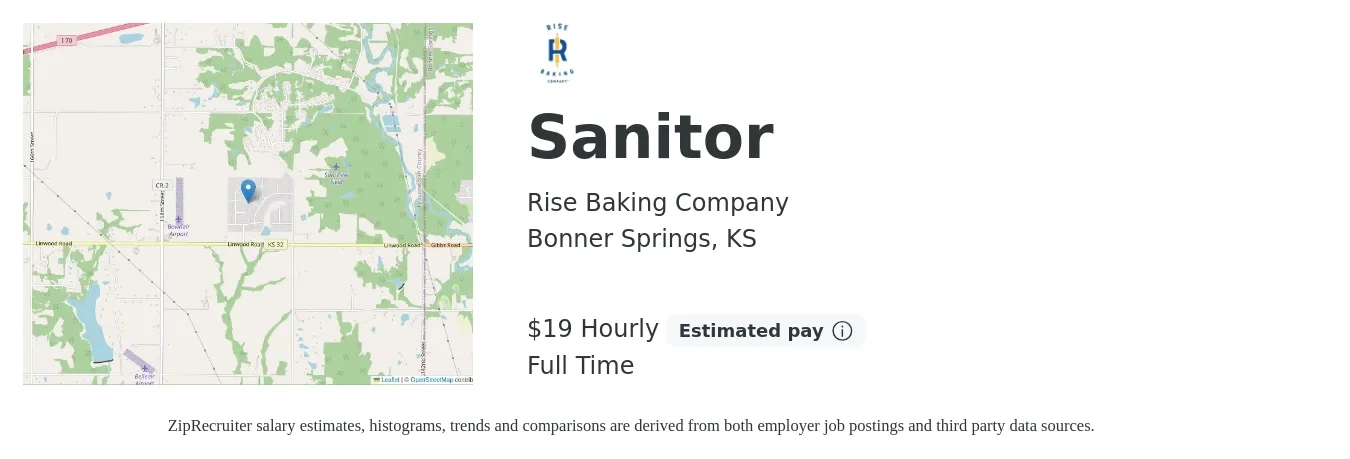 Rise Baking Company job posting for a Sanitor in Bonner Springs, KS with a salary of $20 Hourly with a map of Bonner Springs location.