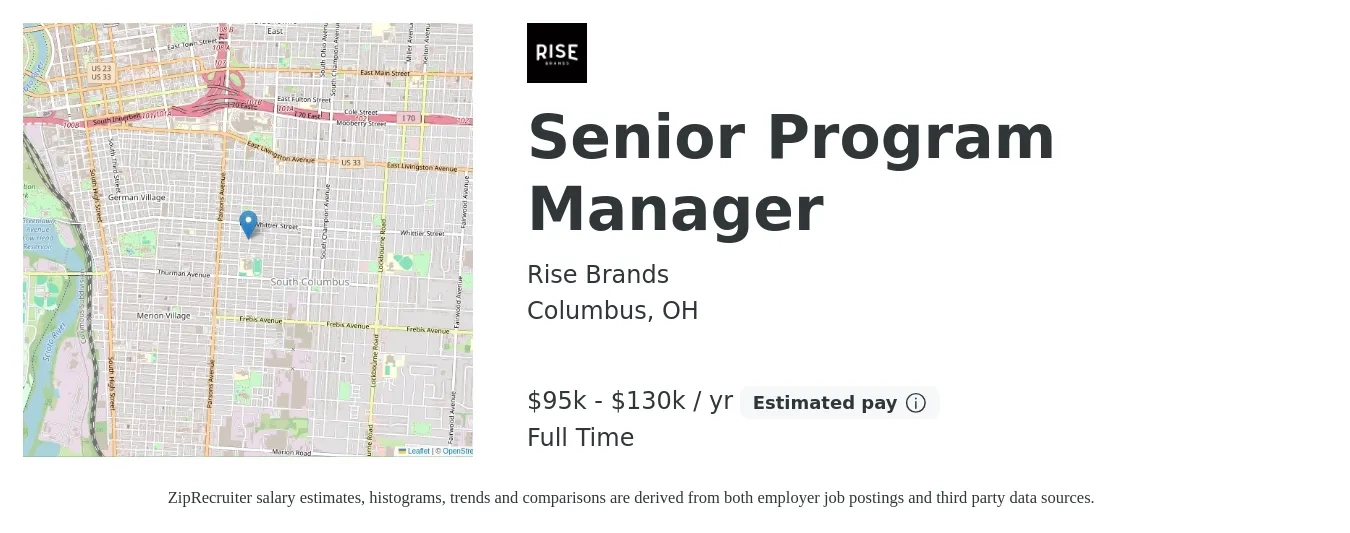 Rise Brands job posting for a Senior Program Manager in Columbus, OH with a salary of $95,000 to $130,000 Yearly with a map of Columbus location.