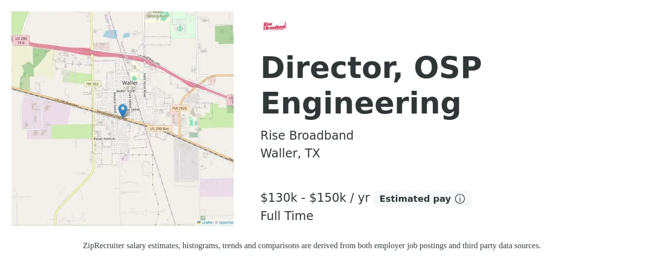 Rise Broadband job posting for a Director, OSP Engineering in Waller, TX with a salary of $130,000 to $150,000 Yearly with a map of Waller location.