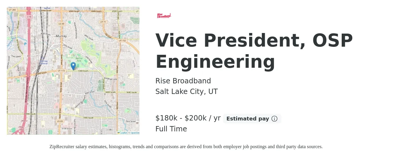 Rise Broadband job posting for a Vice President, OSP Engineering in Salt Lake City, UT with a salary of $180,000 to $200,000 Yearly with a map of Salt Lake City location.