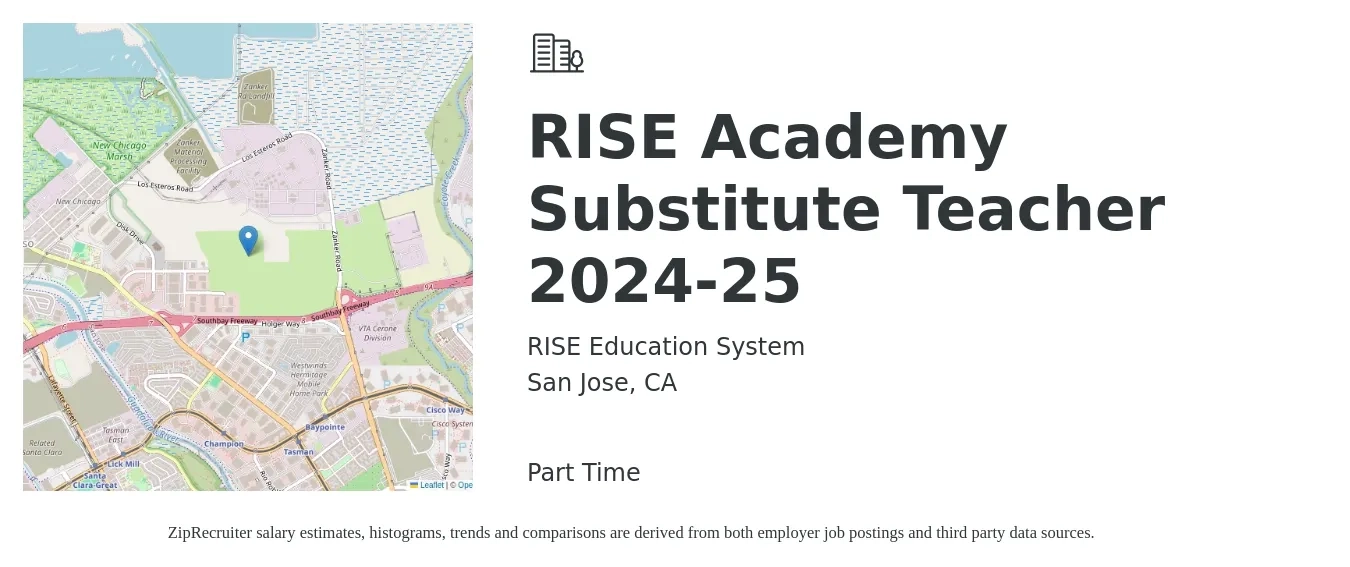 RISE Education System job posting for a RISE Academy Substitute Teacher 2024-25 in San Jose, CA with a salary of $185 to $210 Daily with a map of San Jose location.