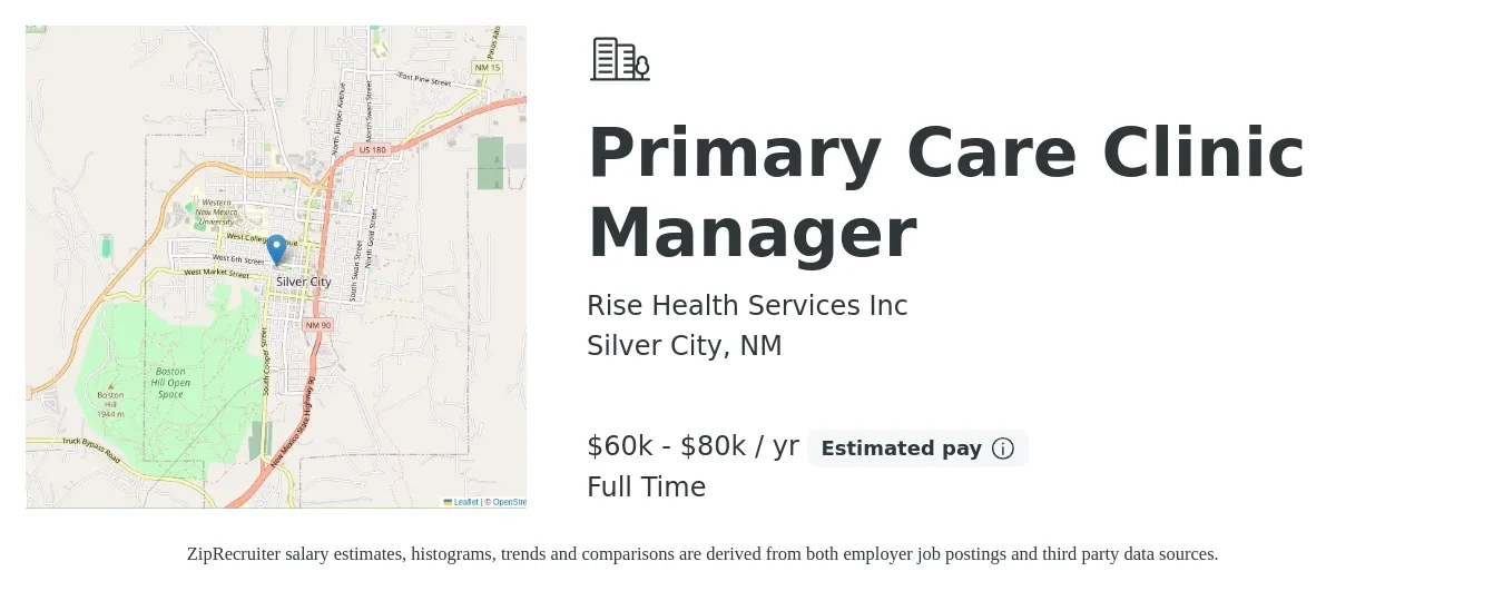 Rise Health Services Inc job posting for a Primary Care Clinic Manager in Silver City, NM with a salary of $60,000 to $80,000 Yearly with a map of Silver City location.