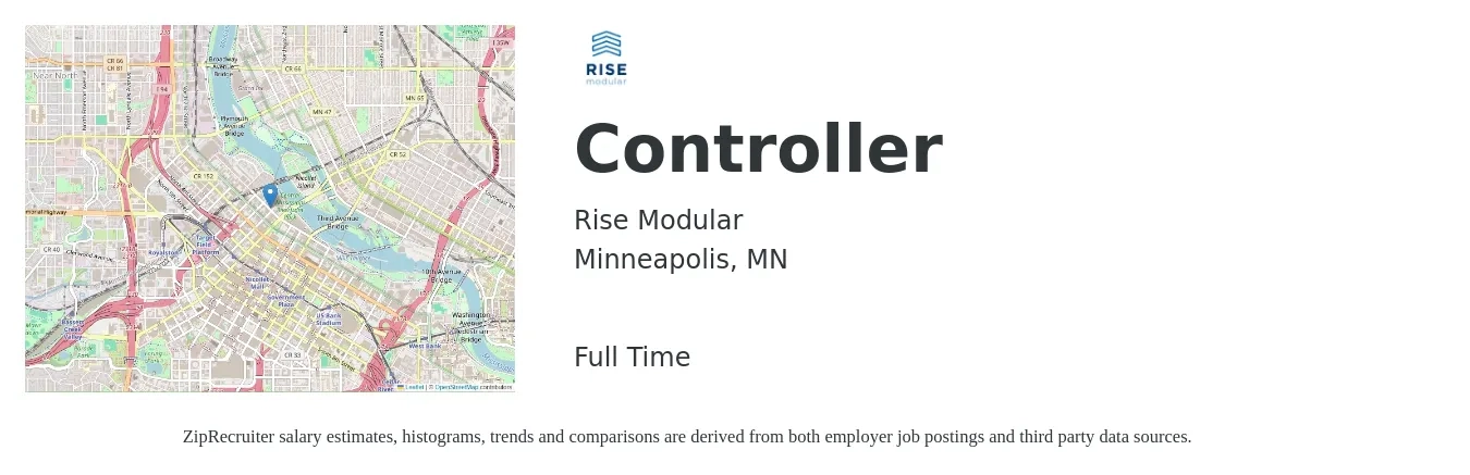 Rise Modular job posting for a Controller in Minneapolis, MN with a salary of $150,000 to $160,000 Yearly with a map of Minneapolis location.