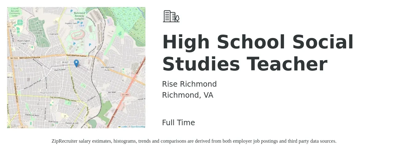 Rise Richmond job posting for a High School Social Studies Teacher in Richmond, VA with a salary of $48,727 Yearly with a map of Richmond location.