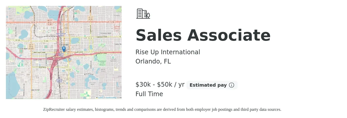 Rise Up International job posting for a Sales Associate in Orlando, FL with a salary of $30,000 to $50,000 Yearly with a map of Orlando location.