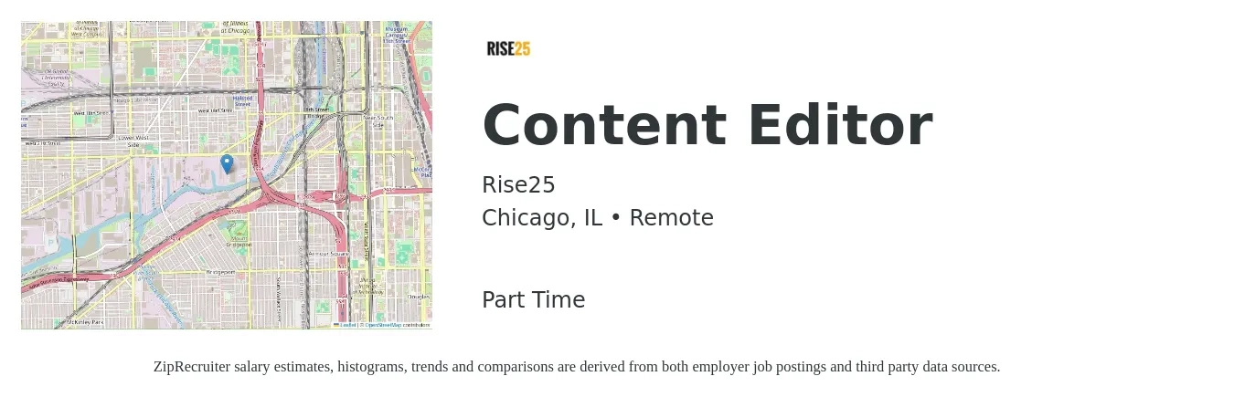 Rise25 job posting for a Content Editor in Chicago, IL with a salary of $28 to $43 Hourly with a map of Chicago location.