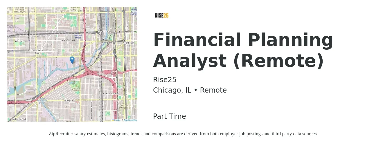 Rise25 job posting for a Financial Planning Analyst (Remote) in Chicago, IL with a salary of $69,600 to $109,900 Yearly with a map of Chicago location.