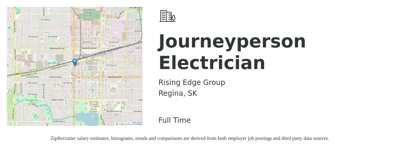 Rising Edge Group job posting for a Journeyperson Electrician in Regina, SK with a map of Regina location.