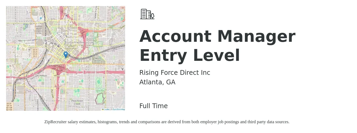 Rising Force Direct Inc job posting for a Account Manager Entry Level in Atlanta, GA with a salary of $42,300 to $51,000 Yearly with a map of Atlanta location.