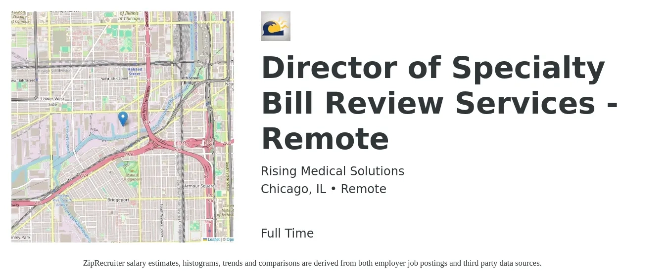 Rising Medical Solutions job posting for a Director of Specialty Bill Review Services - Remote in Chicago, IL with a salary of $61,900 to $113,400 Yearly with a map of Chicago location.