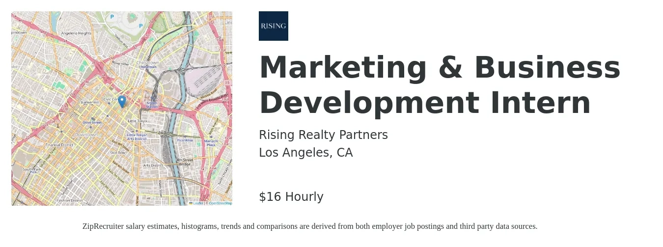 Rising Realty Partners job posting for a Marketing & Business Development Intern in Los Angeles, CA with a salary of $17 Hourly with a map of Los Angeles location.