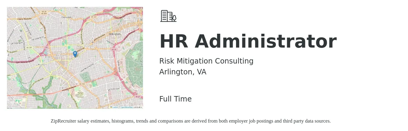 Risk Mitigation Consulting job posting for a HR Administrator in Arlington, VA with a salary of $25 to $36 Hourly with a map of Arlington location.