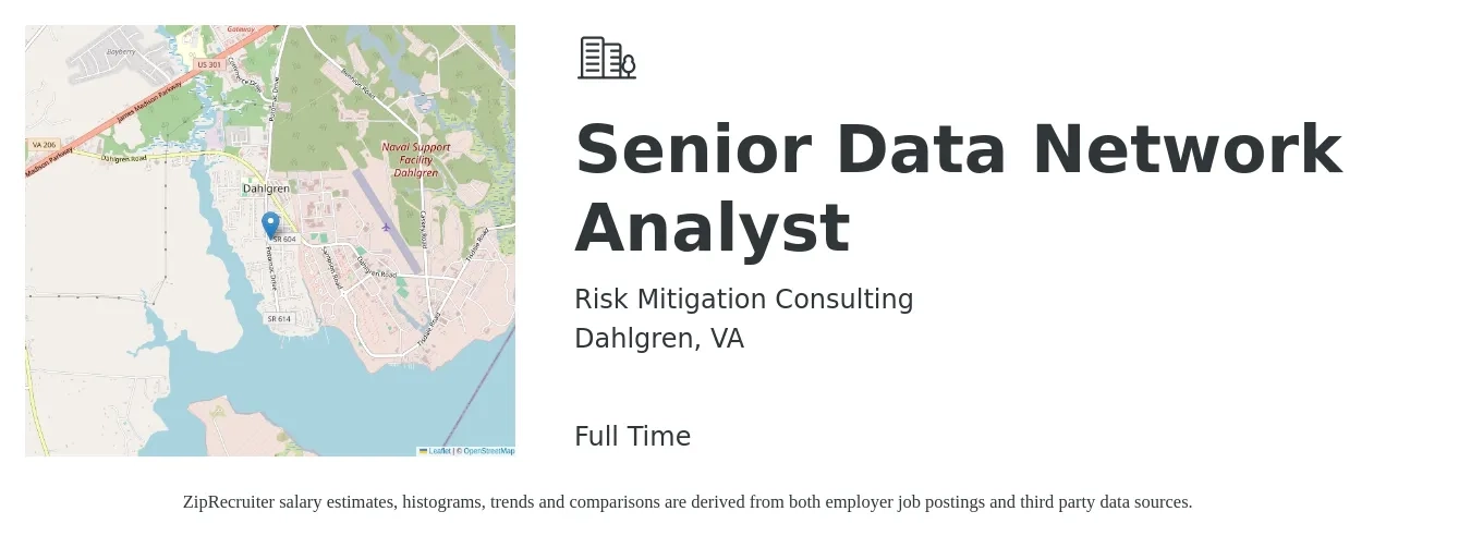 Risk Mitigation Consulting job posting for a Senior Data Network Analyst in Dahlgren, VA with a salary of $100,000 to $115,000 Yearly with a map of Dahlgren location.