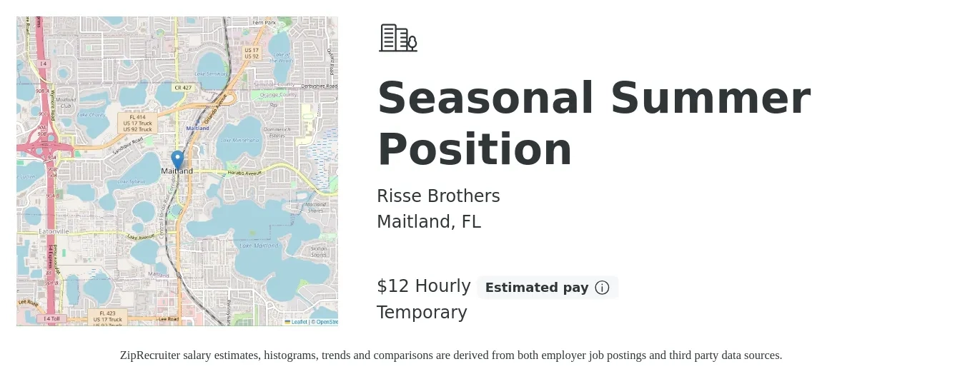Risse Brothers job posting for a Seasonal Summer Position in Maitland, FL with a salary of $13 to $17 Hourly with a map of Maitland location.