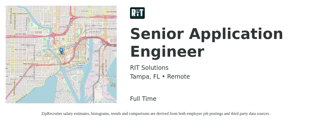 RIT Solutions job posting for a Senior Application Engineer in Tampa, FL with a salary of $102,100 to $136,600 Yearly with a map of Tampa location.