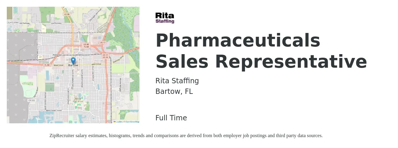 Rita Staffing job posting for a Pharmaceuticals Sales Representative in Bartow, FL with a salary of $44,100 to $76,700 Yearly with a map of Bartow location.