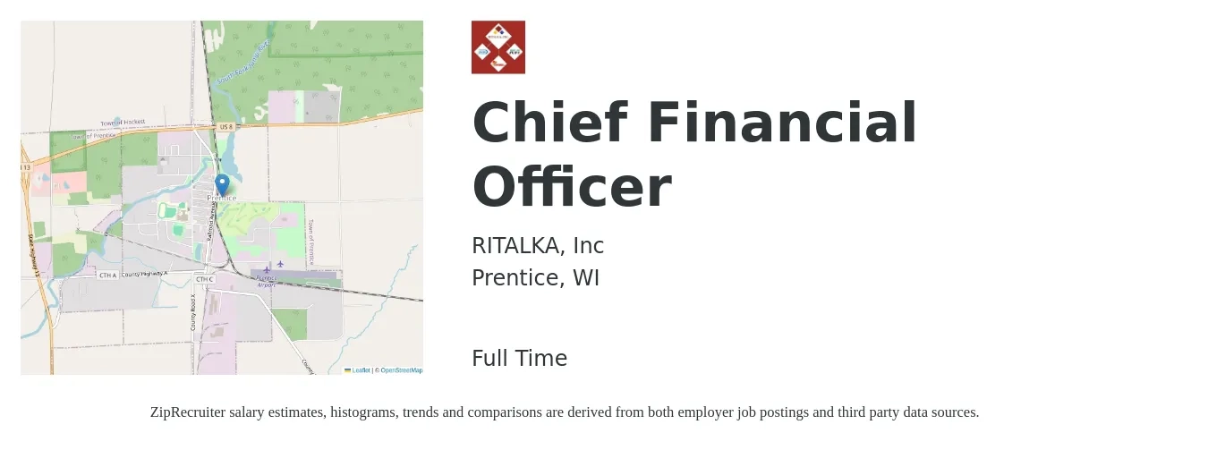 RITALKA, Inc job posting for a Chief Financial Officer in Prentice, WI with a salary of $140,700 to $399,200 Yearly with a map of Prentice location.