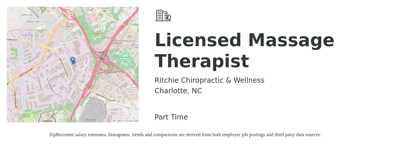 Ritchie Chiropractic & Wellness job posting for a Licensed Massage Therapist in Charlotte, NC with a salary of $28 to $48 Hourly with a map of Charlotte location.