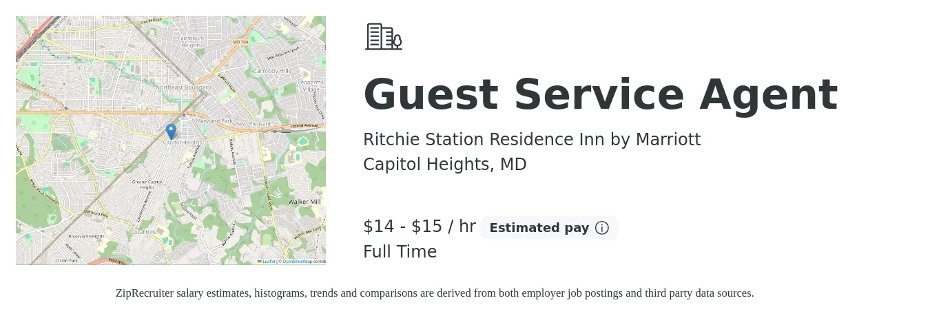 Ritchie Station Residence Inn by Marriott job posting for a Guest Service Agent in Capitol Heights, MD with a salary of $15 to $16 Hourly with a map of Capitol Heights location.