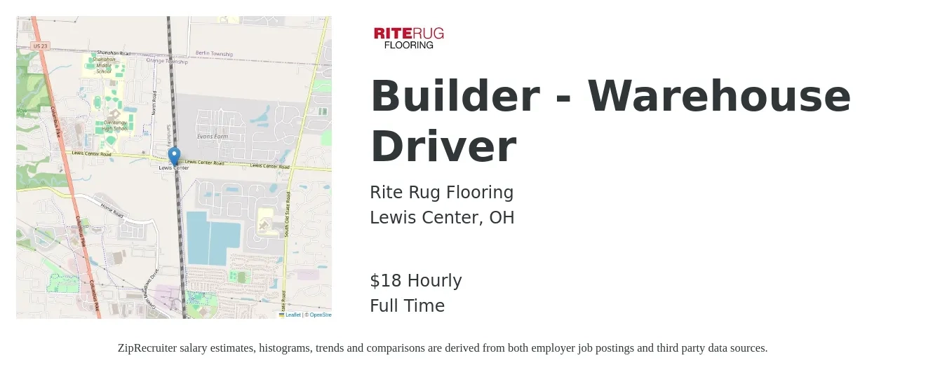 Rite Rug Flooring job posting for a Builder - Warehouse Driver in Lewis Center, OH with a salary of $19 Hourly with a map of Lewis Center location.