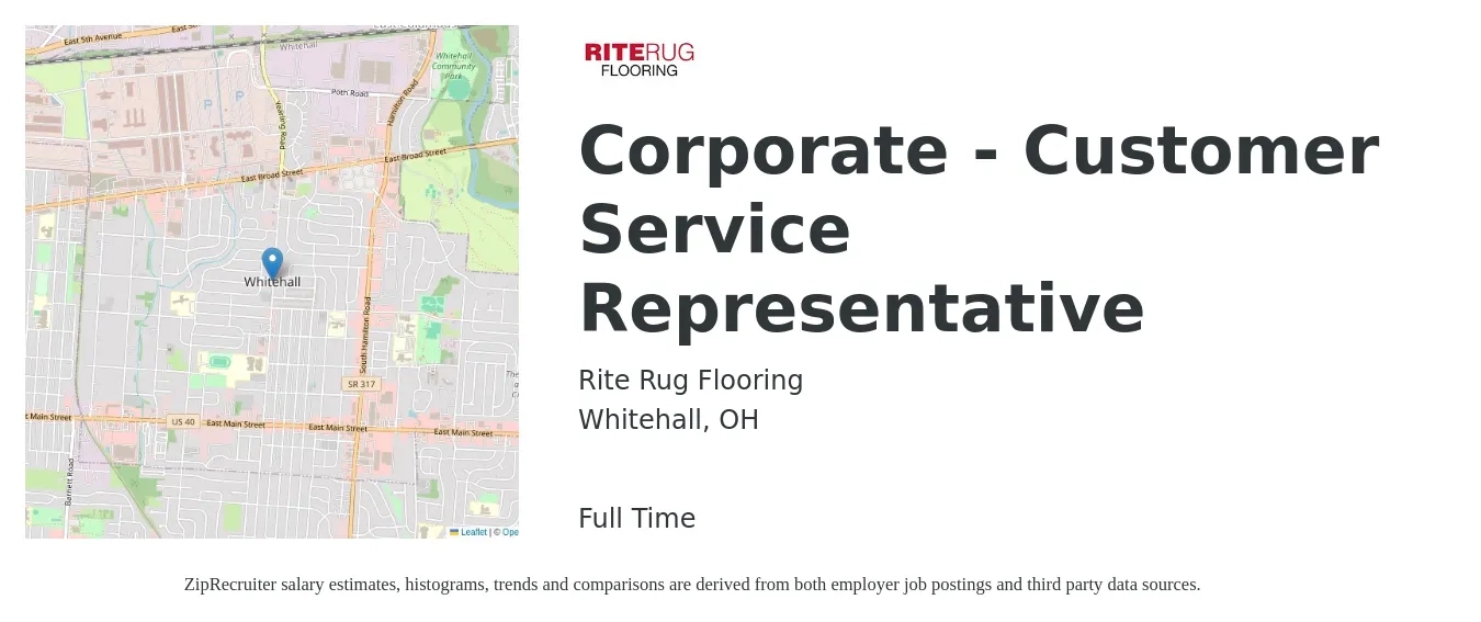 Rite Rug Flooring job posting for a Corporate - Customer Service Representative in Whitehall, OH with a salary of $16 to $21 Hourly with a map of Whitehall location.