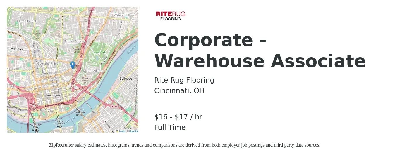 Rite Rug Flooring job posting for a Corporate - Warehouse Associate in Cincinnati, OH with a salary of $17 to $18 Hourly with a map of Cincinnati location.