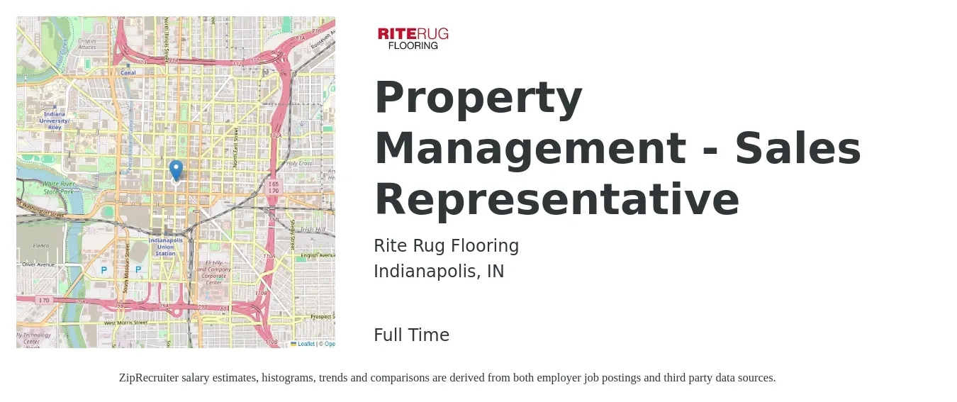 Rite Rug Flooring job posting for a Property Management - Sales Representative in Indianapolis, IN with a salary of $51,100 to $88,900 Yearly with a map of Indianapolis location.
