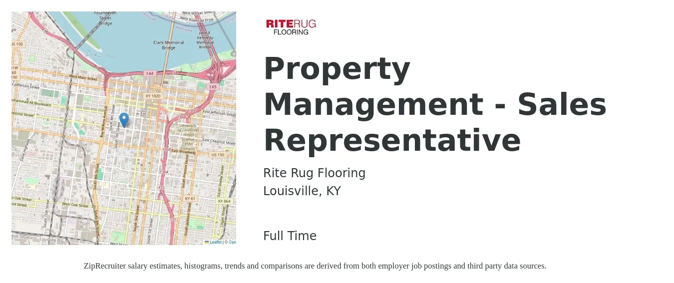 Rite Rug Flooring job posting for a Property Management - Sales Representative in Louisville, KY with a salary of $51,400 to $89,400 Yearly with a map of Louisville location.
