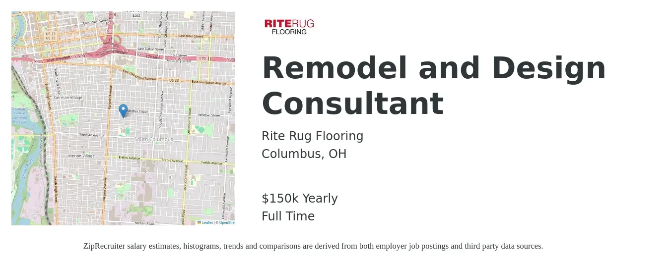 Rite Rug Flooring job posting for a Remodel and Design Consultant in Columbus, OH with a salary of $150,000 Yearly with a map of Columbus location.