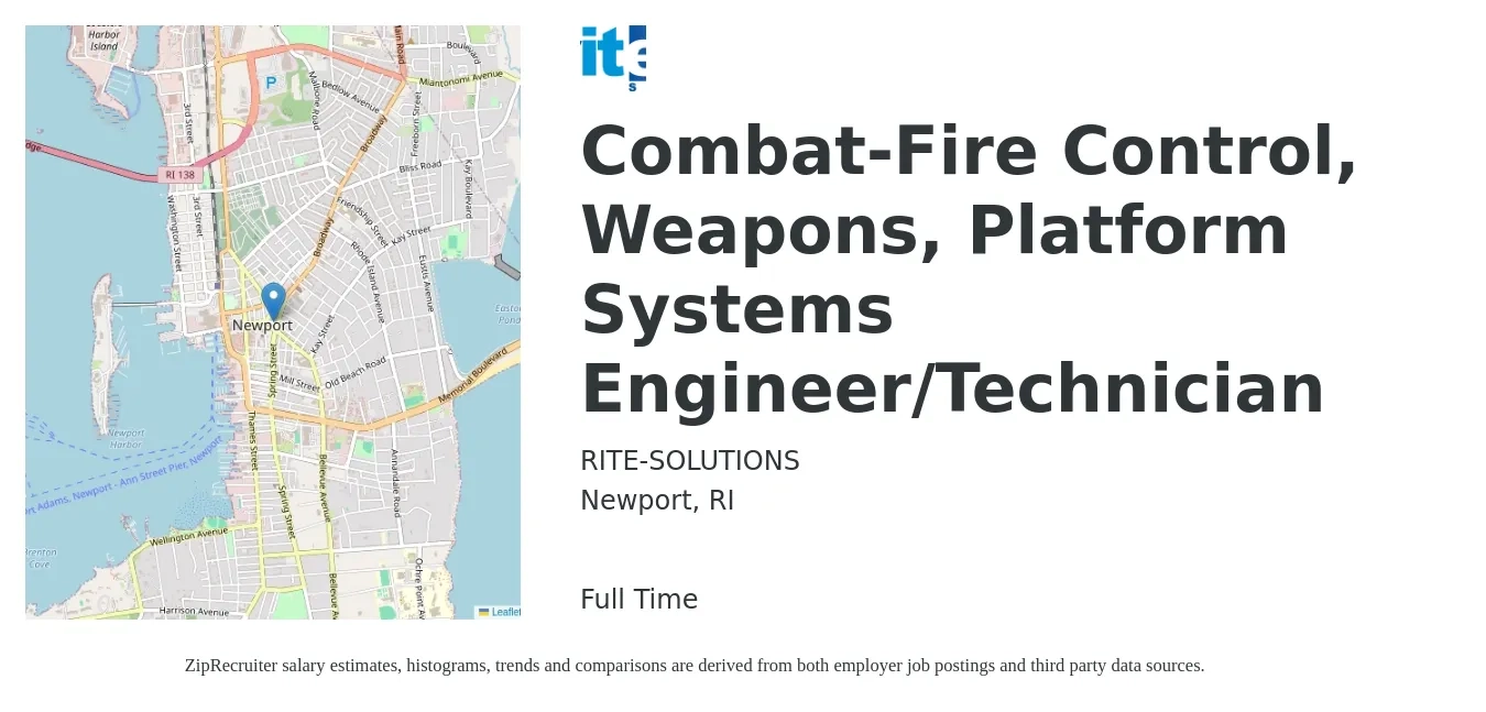 Rite-Solutions, Inc. job posting for a Combat-Fire Control, Weapons, Platform Systems Engineer/Technician in Newport, RI with a salary of $84,500 to $127,300 Yearly with a map of Newport location.