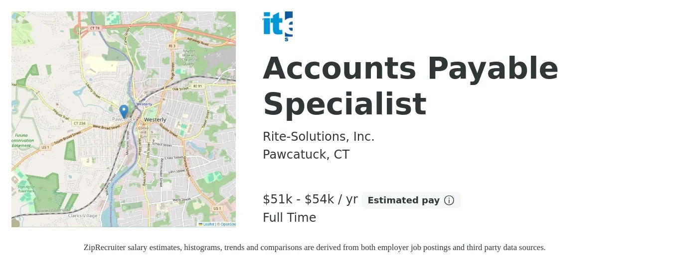 Rite-Solutions, Inc. job posting for a Accounts Payable Specialist in Pawcatuck, CT with a salary of $22 to $28 Hourly with a map of Pawcatuck location.