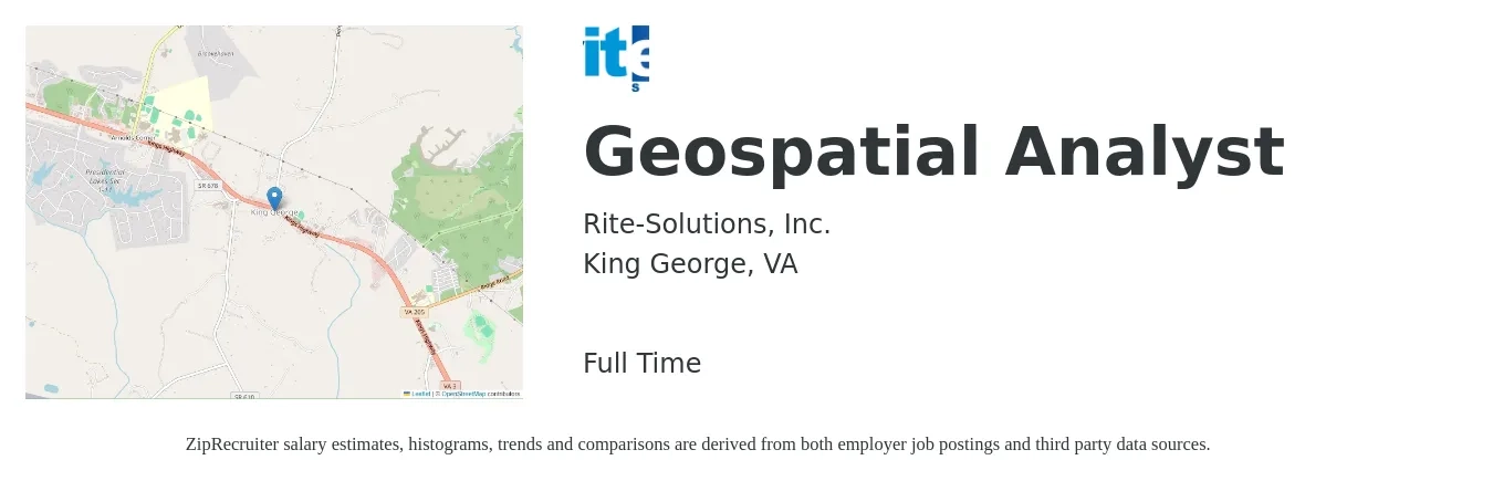 Rite-Solutions, Inc. job posting for a Geospatial Analyst in King George, VA with a salary of $50,900 to $74,700 Yearly with a map of King George location.