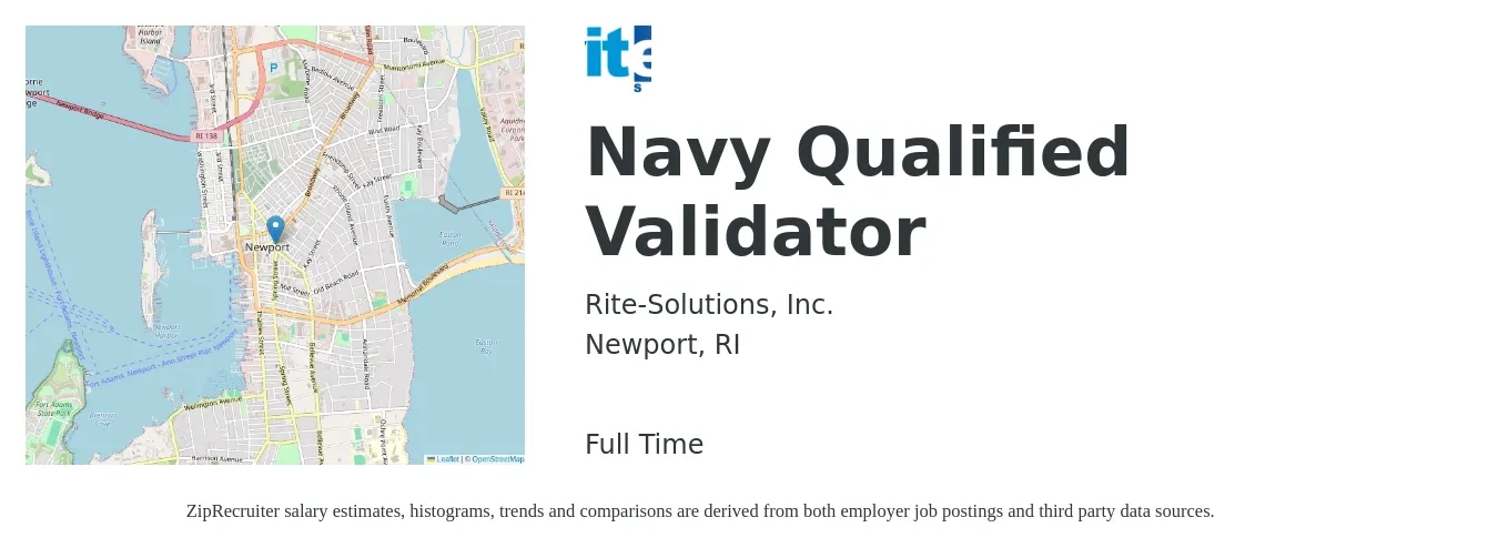 Rite-Solutions, Inc. job posting for a Navy Qualified Validator in Newport, RI with a salary of $74,000 to $115,200 Yearly with a map of Newport location.