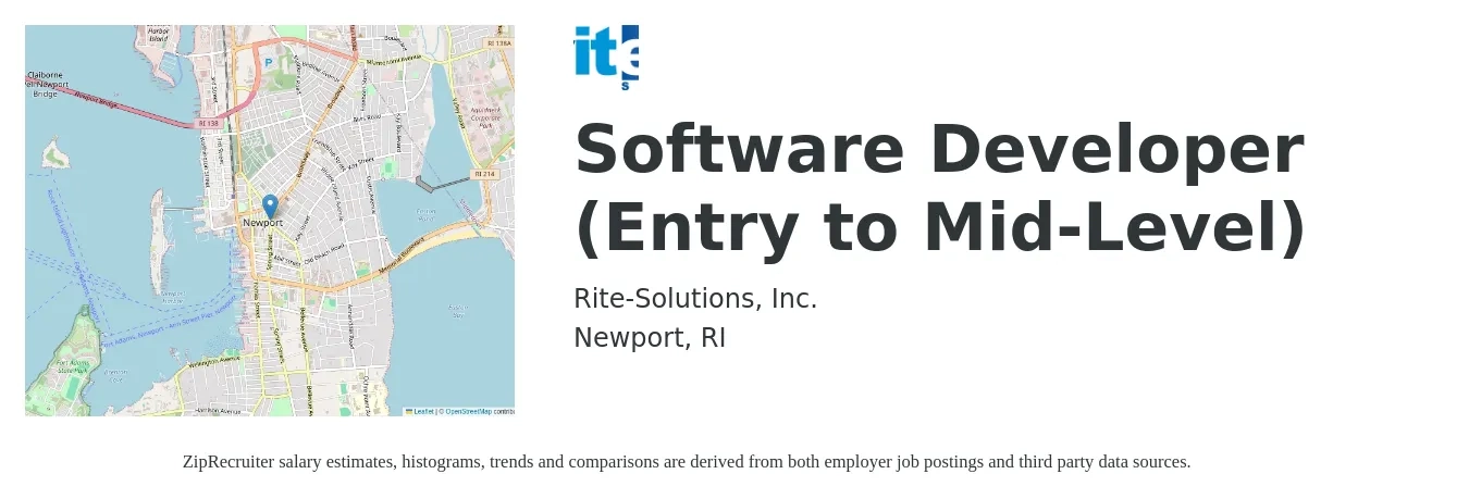 Rite-Solutions, Inc. job posting for a Software Developer (Entry to Mid-Level) in Newport, RI with a salary of $63,900 to $106,700 Yearly with a map of Newport location.