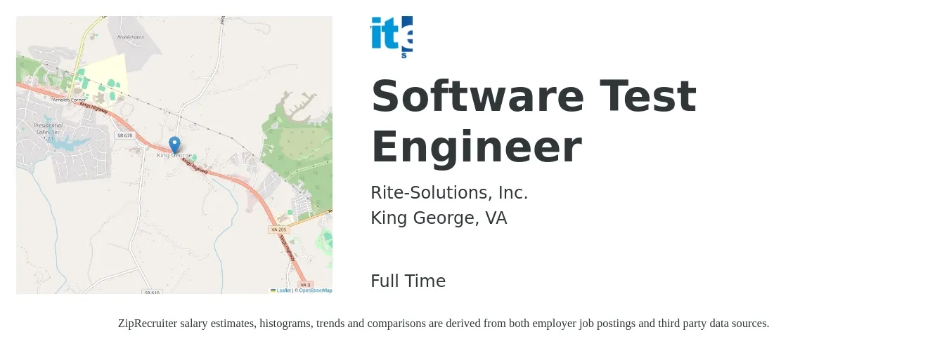 Rite-Solutions, Inc. job posting for a Software Test Engineer in King George, VA with a salary of $41 to $57 Hourly with a map of King George location.