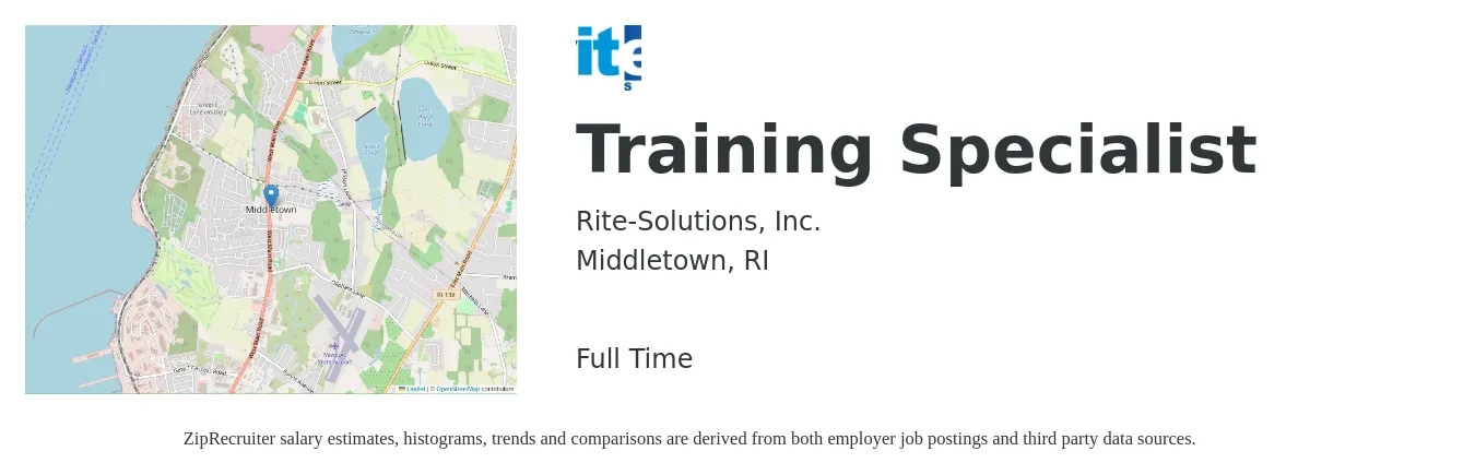 Rite-Solutions, Inc. job posting for a Training Specialist in Middletown, RI with a salary of $56,700 to $82,600 Yearly with a map of Middletown location.