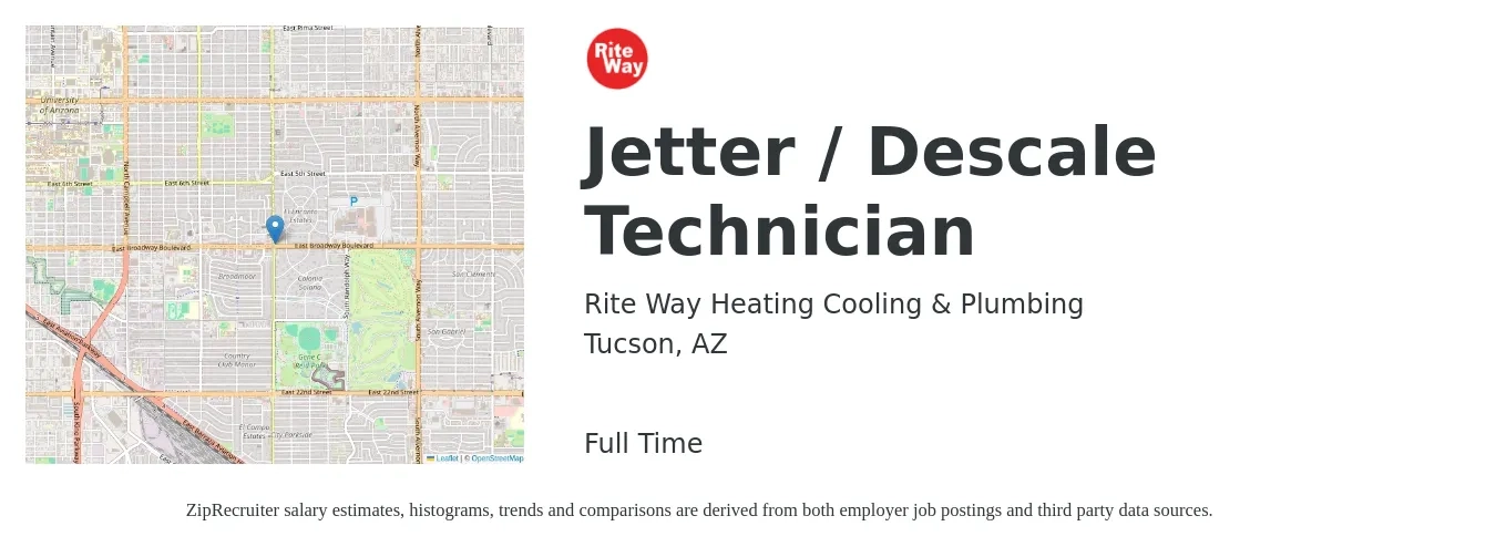 Rite Way Heating Cooling & Plumbing job posting for a Jetter / Descale Technician in Tucson, AZ with a salary of $18 to $25 Hourly with a map of Tucson location.