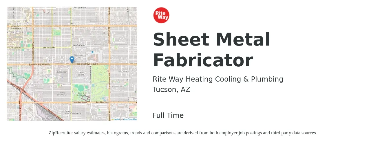 Rite Way Heating Cooling & Plumbing job posting for a Sheet Metal Fabricator in Tucson, AZ with a salary of $16 to $22 Hourly with a map of Tucson location.