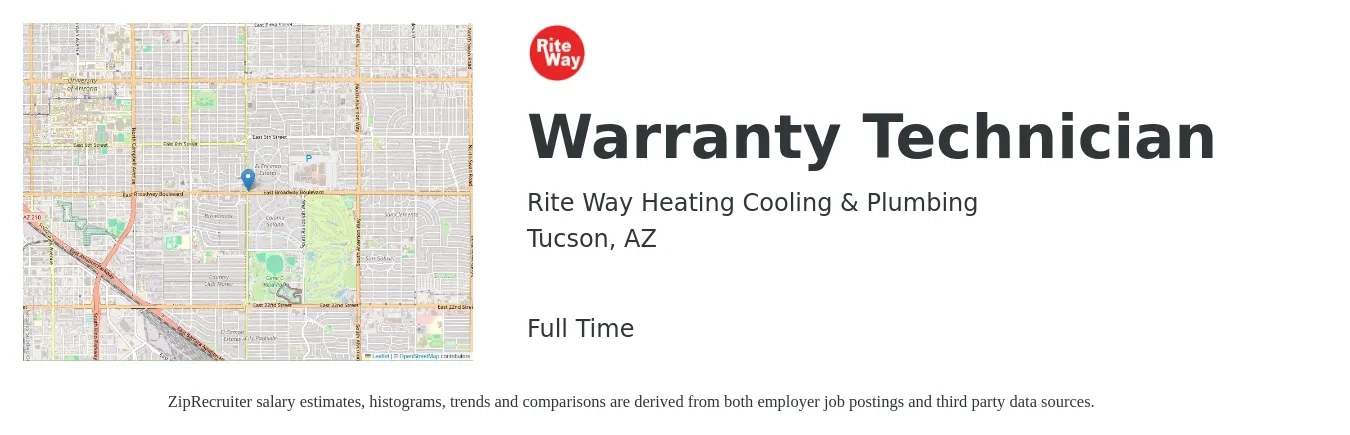Rite Way Heating Cooling & Plumbing job posting for a Warranty Technician in Tucson, AZ with a salary of $18 to $27 Hourly with a map of Tucson location.