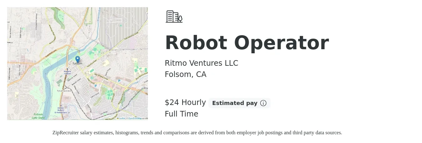 Ritmo Ventures LLC job posting for a Robot Operator in Folsom, CA with a salary of $25 Hourly with a map of Folsom location.