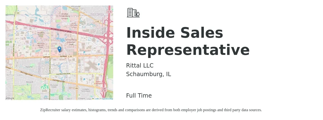 Rittal LLC job posting for a Inside Sales Representative in Schaumburg, IL with a salary of $39,000 to $58,200 Yearly with a map of Schaumburg location.