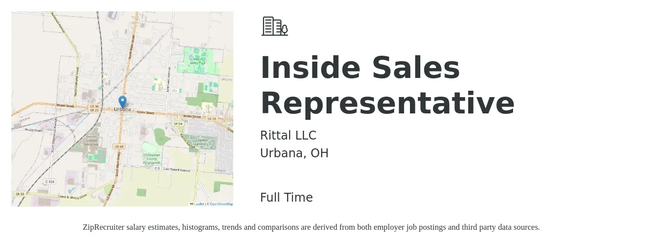 Rittal LLC job posting for a Inside Sales Representative in Urbana, OH with a salary of $37,100 to $55,400 Yearly with a map of Urbana location.